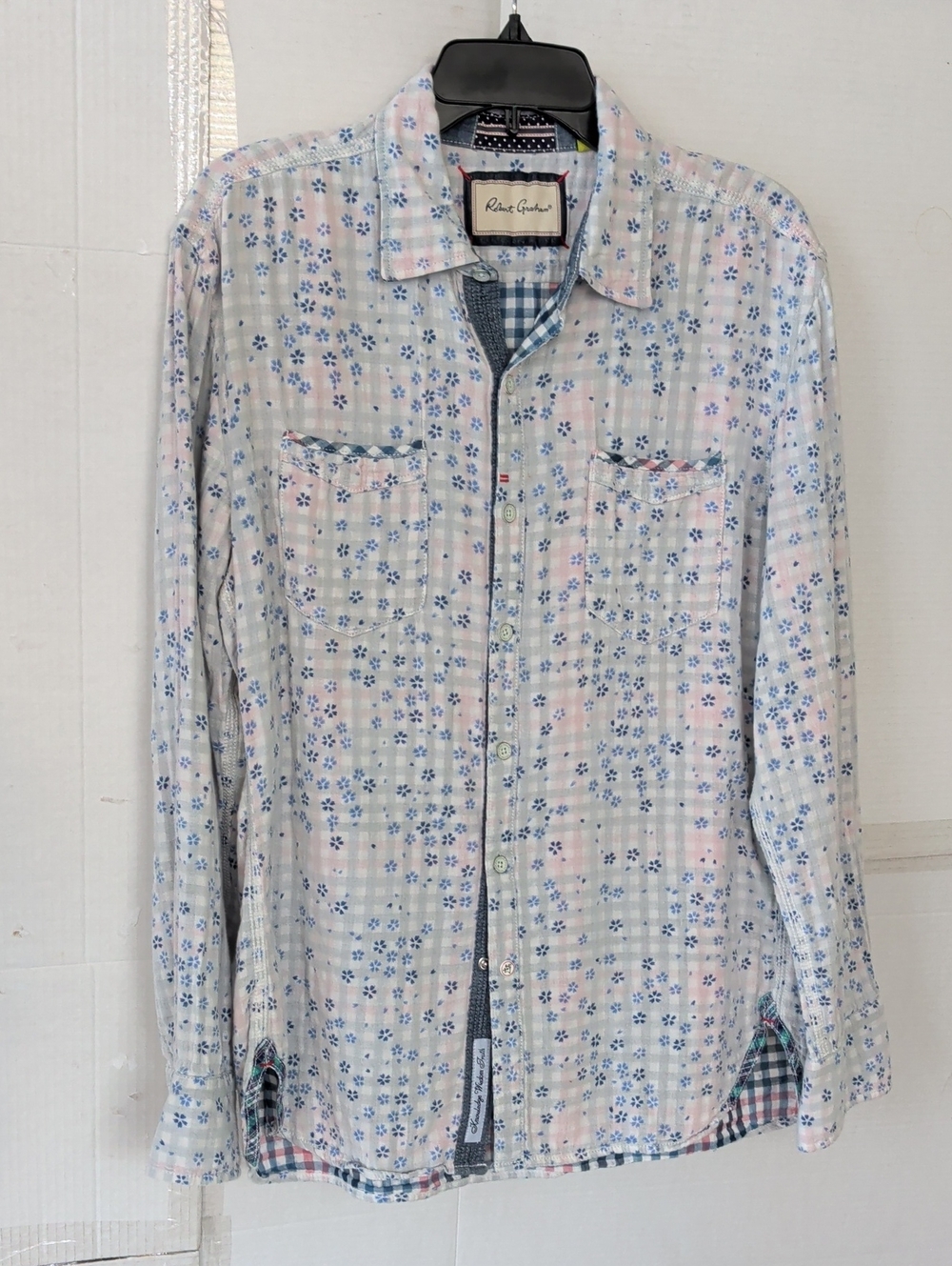 Robert Graham Light Blue Floral Gingham Button-Down Shirt Flip Cuff SZ LG Men's